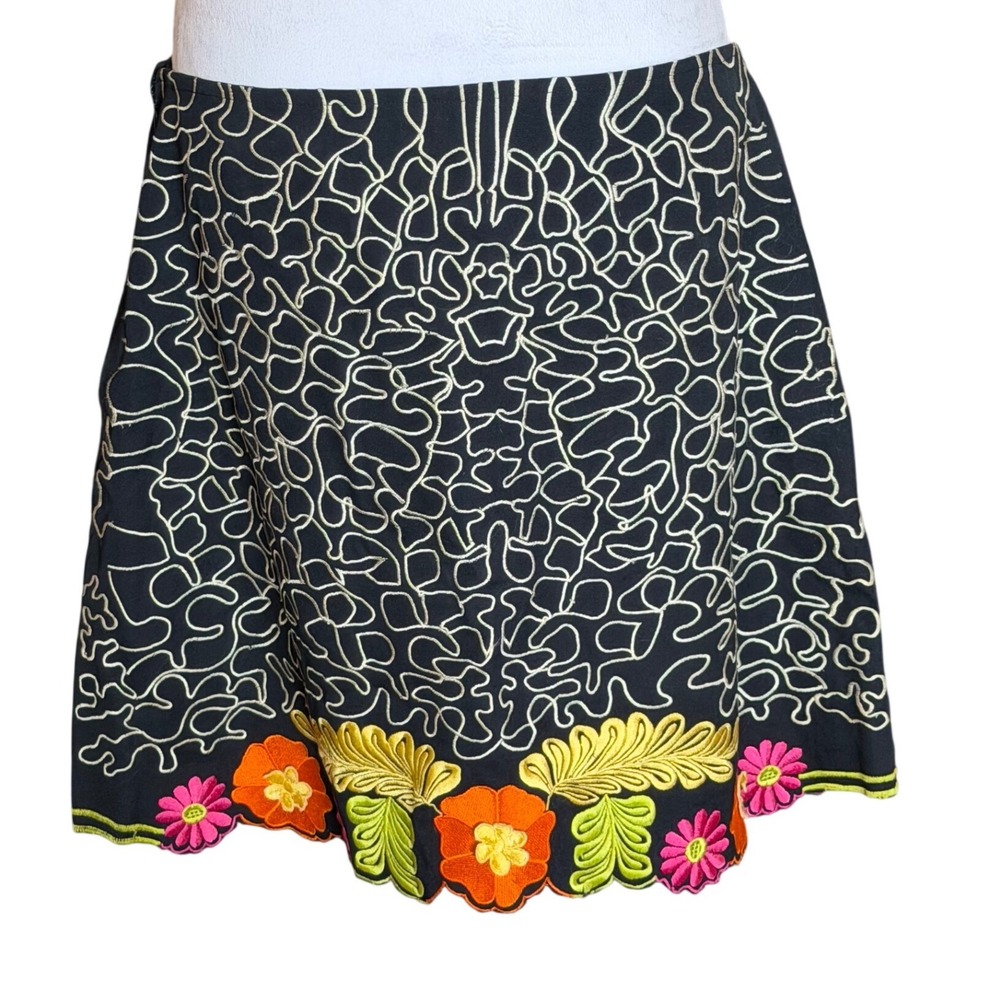 Black Embroidered Floral Scalloped Skirt Boho Festival A-Line Multi-Color READ